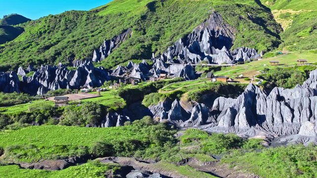 Aerial view of the black stone forest in Moshi Park surrounded by green grasslands in Garze, Sichuan, China