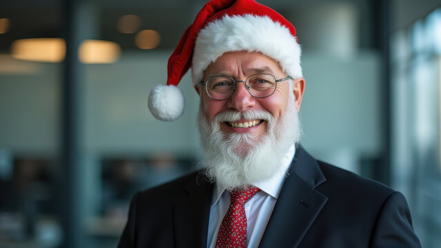 "Portrait of Santa Claus as a businessman in suit and tie, office blurred background, sharp corporate focus"