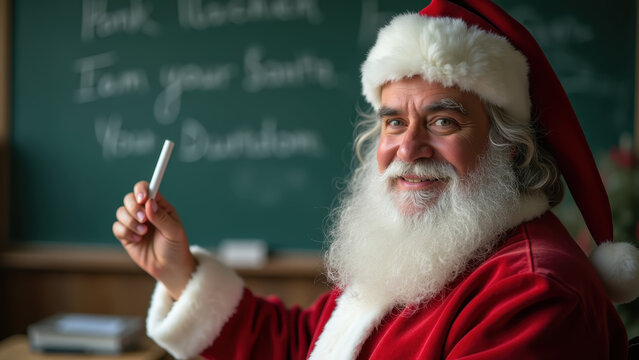"Portrait of Santa Claus as a teacher holding chalk at blackboard, classroom blurred background, sharp focus"