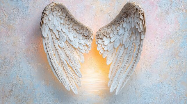 White angel wings with soft golden light on textured pastel wall, symbol of spirituality, hope, and divine protection