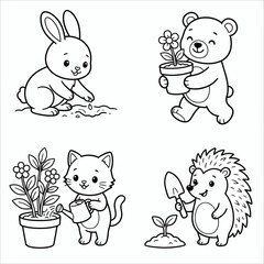 Fototapeta premium Cute Gardening Animals Vector Coloring Pages with Rabbit, Bear, Kitten and Hedgehog 