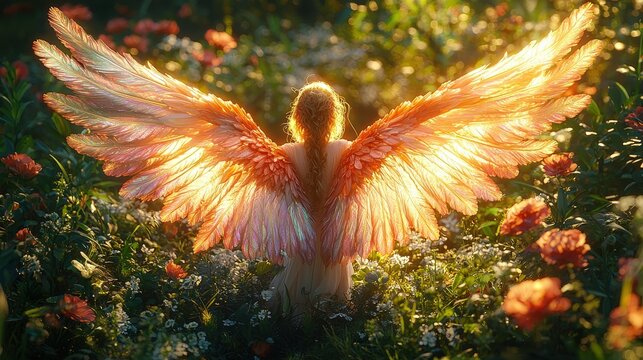 Goldenhaired angel with radiant wings in a blooming garden at sunrise surrounded by flowers and sunlight