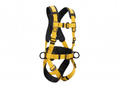 Full Body Safety Harness with Adjustable Yellow Straps and D-Rings Isolated on White for Construction Fall Protection