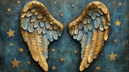 Naklejka premium Golden angel wings with blue textured background and stars, celestial art symbolizing hope, spirituality, fantasy, and dreams