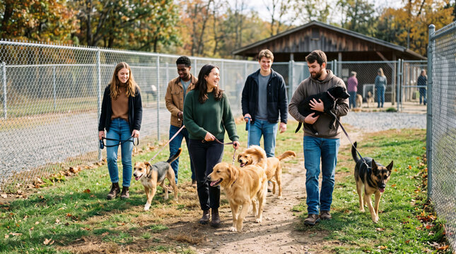 Diverse group of friends walking dogs at an outdoor animal shelter during autumn