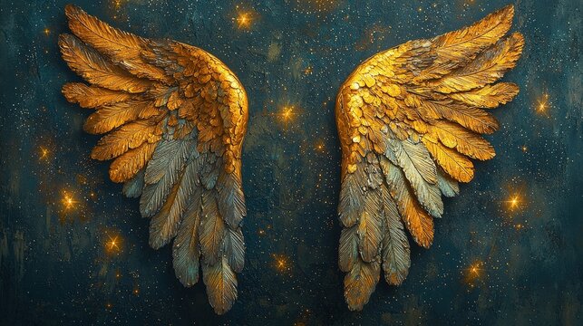 Golden angel wings with feathers and glowing stars on a dark blue abstract background