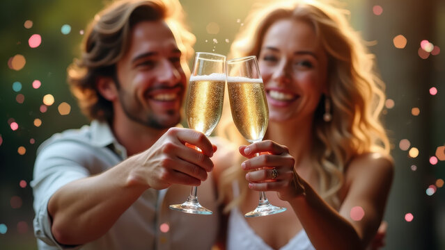 "Couple toasting champagne glasses, bright vivid smiles, colorful confetti falling, festive stock photo"
