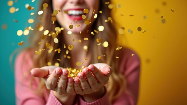 "Woman blowing gold confetti from hands, joyful bright expression, vivid colorful festive background"