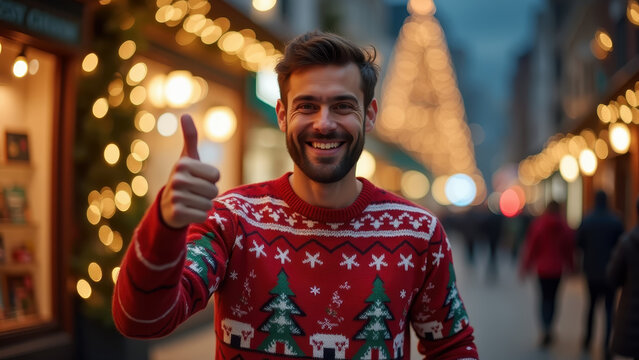 "Man in ugly Christmas sweater giving thumbs up, bright cheerful smile, vivid bokeh lights, commercial"