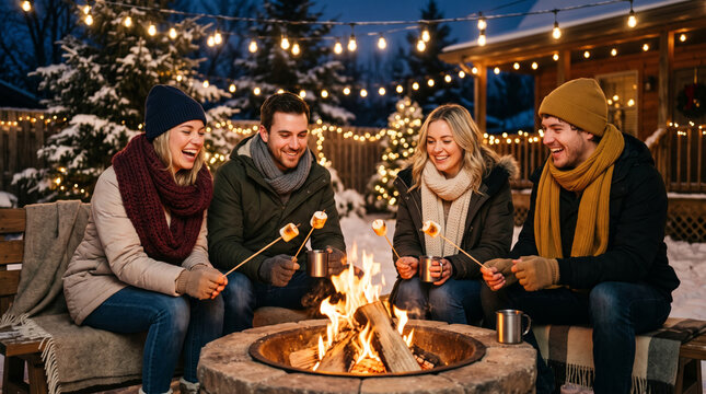 Friends Enjoying Marshmallows by a Winter Fire Pit Under String Lights
