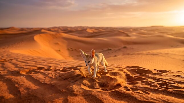 Fennec Fox Walking on Sand Dunes at Sunset
