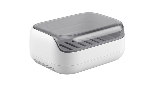 Modern white soap dish with transparent lid, plastic bathroom soap box with drainage tray, minimalist travel container for hygiene