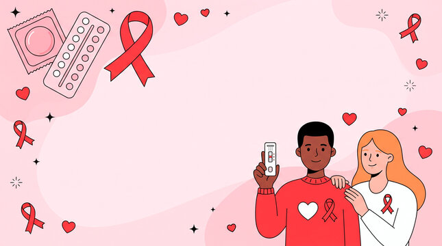 World AIDS Day awareness with couple, testing kit, and red ribbons