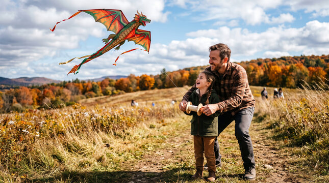 Father and daughter flying a dragon kite in autumn landscape