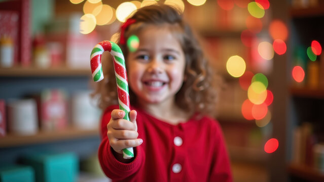 "Child holding bright colorful candy cane with big smile, vivid saturated bokeh background, stock photo"