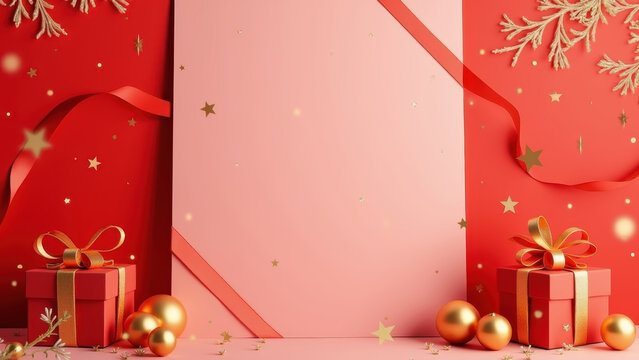 "Empty greeting card mockup with red ribbon and gold ornaments, vivid bright commercial template style"