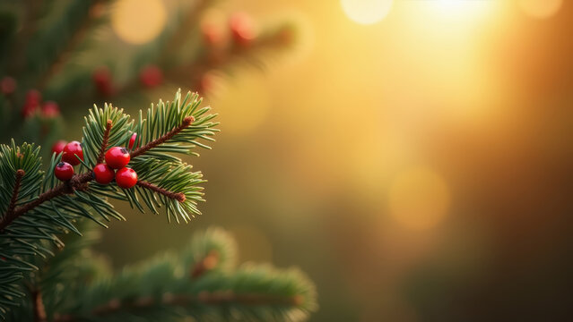 Pine branch with red berries on left third, blurred golden bokeh background, negative space right