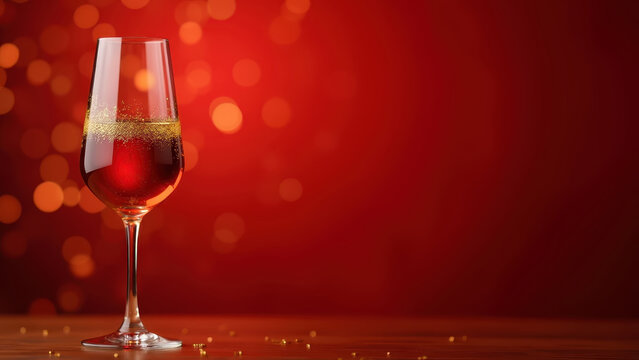 Sparkling wine glass with gold confetti rim on left third, blurred red bokeh background, empty space right