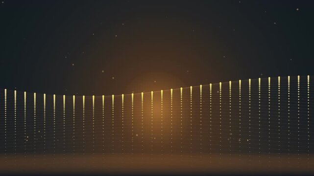 Golden particle wave flowing through dark space creating dynamic motion for digital background video clip aesthetic