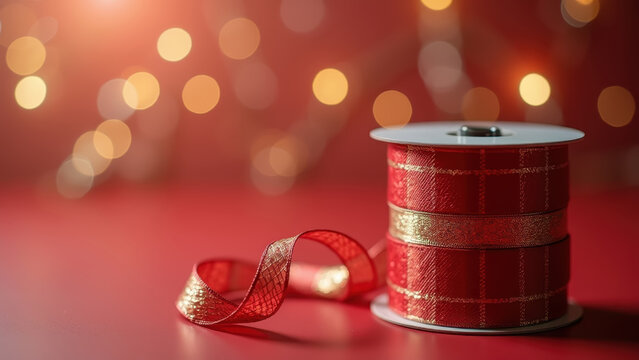 Red and gold plaid ribbon spool on right third, blurred bokeh background, copy space left