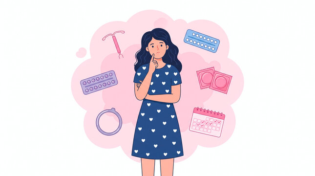 Woman contemplating various birth control options and family planning choices