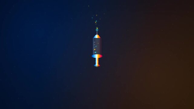 Glowing syringe medical icon featuring vibrant particles in this sleek digital animation motion graphic design clip