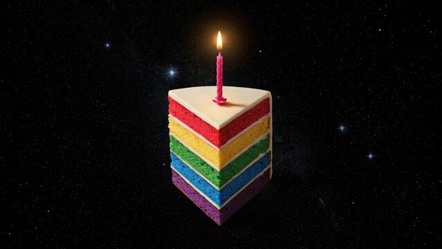 Rainbow layer cake slice with burning candle in deep space. Colorful birthday dessert floating in starry galaxy. Surreal cosmic celebration.