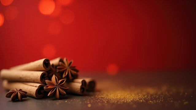 Cinnamon sticks and star anise with gold dust on right third, blurred red bokeh, copy space left