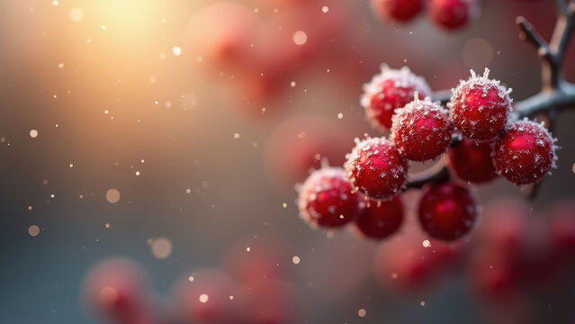 Frosted red berries with gold shimmer on right third, blurred bokeh background, copy space left