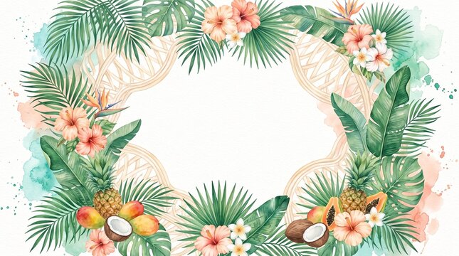 Watercolor tropical frame with exotic flowers, palm leaves, and fruits for summer design.