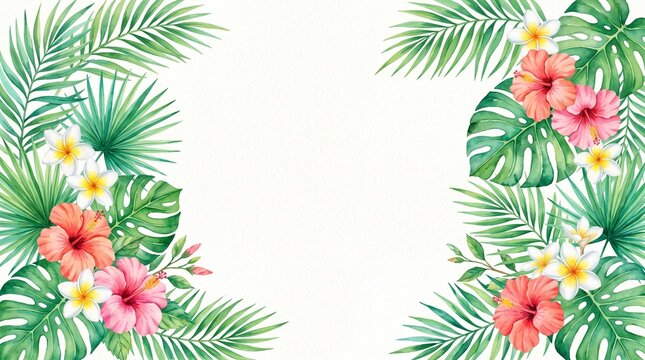 Watercolor tropical leaves and hibiscus flowers border frame on white background