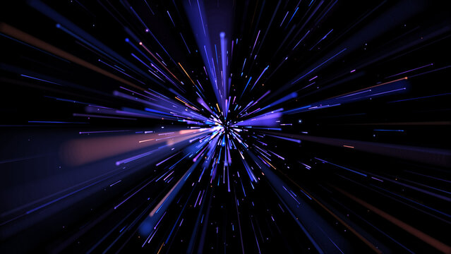Futuristic warp speed traveling through cosmic starfield and blue neon technology data flow. Isolated on black background.