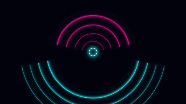 Glowing neon circular ripple animation featuring vibrant magenta and cyan light patterns in motion video footage