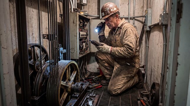 Senior technician inspecting elevator machinery with flashlight