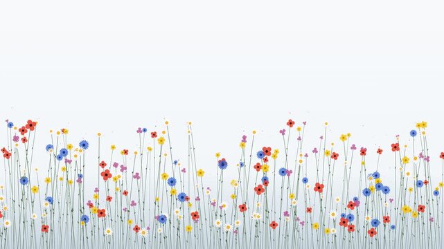 Colorful wildflowers swaying in soft breeze creating peaceful meadow animation motion video for creative background projects