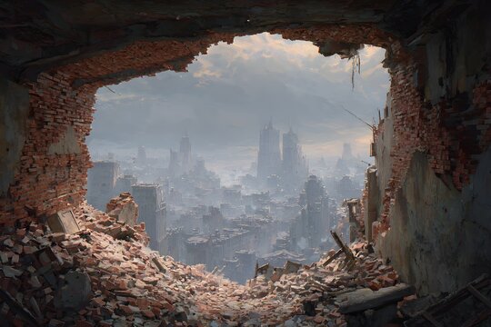 Large collapsed brick opening with piled rubble overlooking city