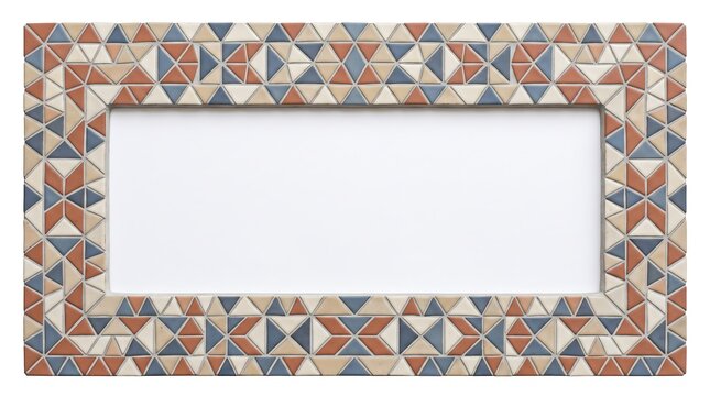 A rectangular frame with a geometric mosaic pattern made of small triangles in brown, blue, and beige colors, surrounding a white center.