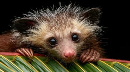 Naklejka premium Close-up portrait of an aye-aye lemur with big eyes peering over green palm leaves