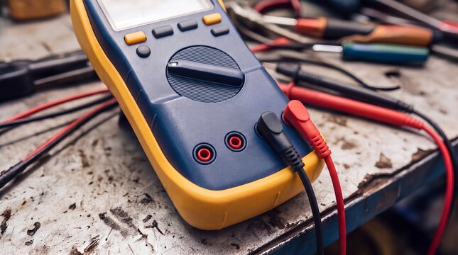 Digital multimeter with probes on a workbench. Electrical testing and voltage measurement for automotive mechanic repair, diagnostics, maintenance, and engineering workshop.