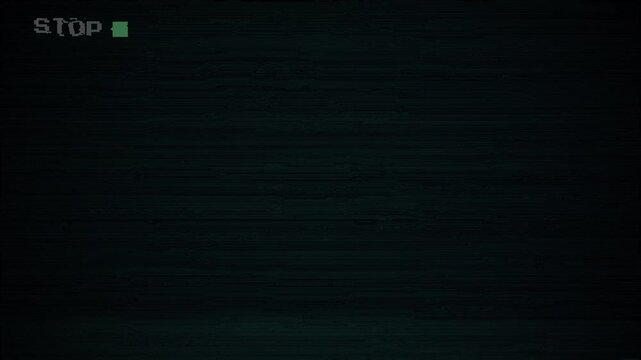 VHS tape STOP animation with glitching effect Overlay. Black background, 4k video