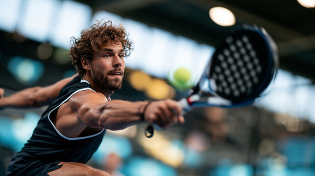 Photorealistic commercial sports photography capturing a padel player from a low angle, viewed from behind, preparing for a powerful forehand shot. The completely clean racket surf