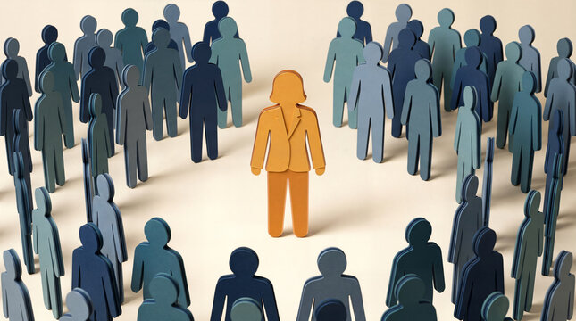 Distinct orange female figure standing out from a crowd of paper people