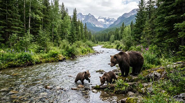 Grizzly Bear Mother with Two Cubs by Mountain River