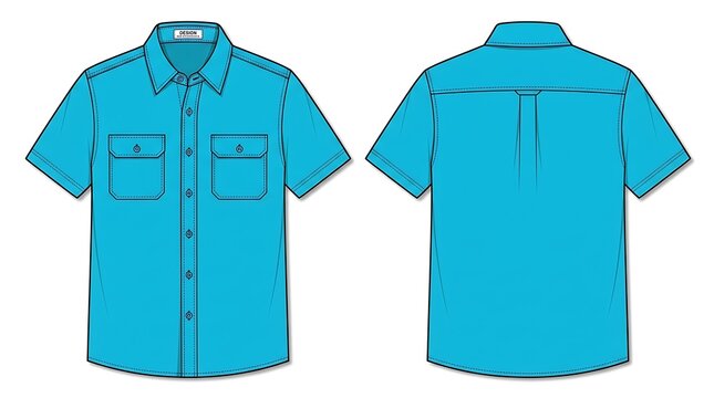 Men's Short Sleeve Work Shirt Technical Fashion Flat Sketch, Light Blue Button Down with Two Pockets Front and Back View Vector Illustration isolated on white background