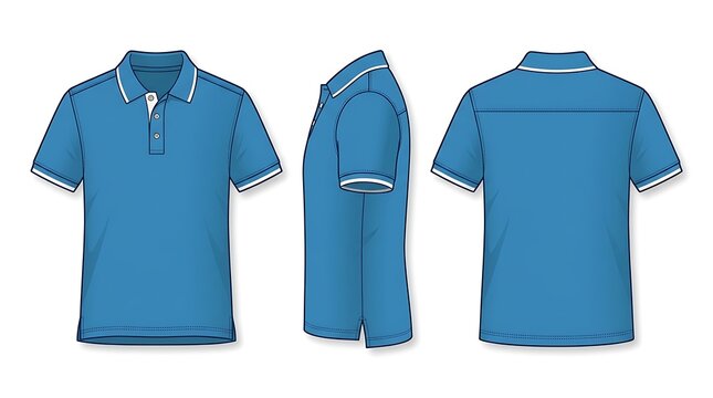 Blue Men's Short Sleeve Polo Shirt Technical Flat Sketch Vector Mockup with Front Side and Back Views, Sporty Casual Apparel Design Template Isolated on White Background