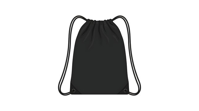 Black Drawstring Bag Vector Illustration Mockup, Gym Sackpack Technical Flat Sketch, Blank Cinch Bag Template for Branding Isolated on White Background