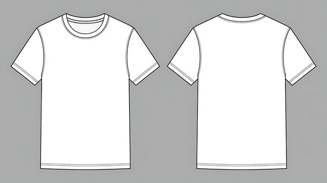 White Short Sleeve T-Shirt Front and Back View Vector Illustration, Blank Crew Neck Technical Sketch, Fashion Flat CAD Template for Apparel Design, Professional Garment Drawing on Gray Background