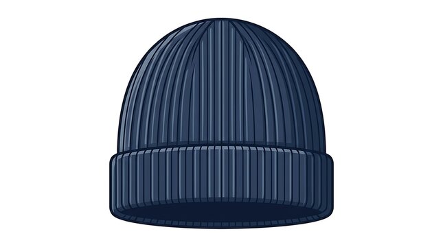 Dark Blue Ribbed Knit Beanie Hat Vector Illustration Isolated on White Background, Classic Winter Headwear Accessory for Cold Weather Apparel Graphic Design and E-commerce Icon