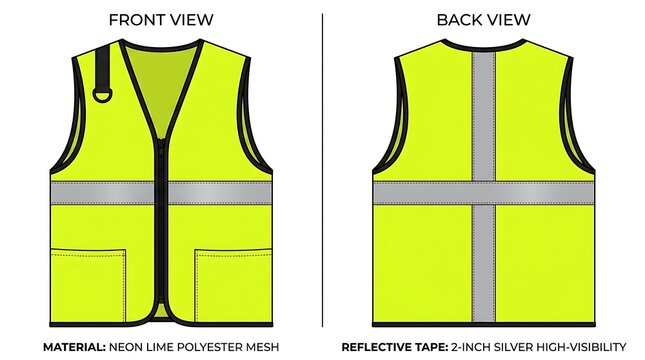High Visibility Safety Vest Vector Illustration with Front and Back Views, Neon Lime Yellow Hi-Vis Reflective PPE Workwear for Construction and Industrial Safety, Flat Sketch Mockup on White