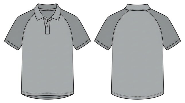 Gray Raglan Sleeve Polo Shirt Mockup Vector Illustration, Technical Flat Fashion Sketch Front and Back View, Short Sleeve Sporty Polo T-shirt Design Isolated on White for Apparel Design